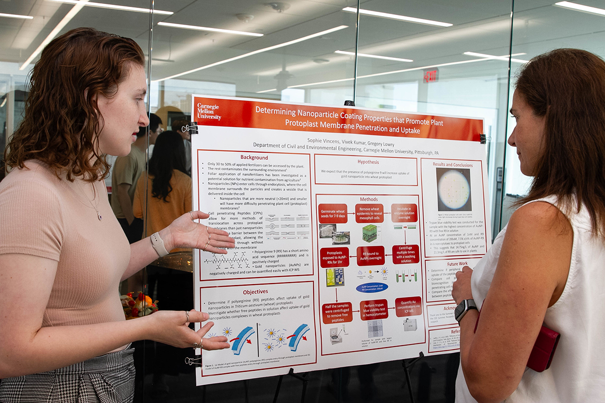 student shows off research during poster session