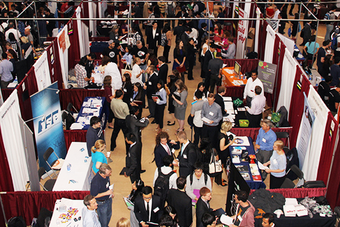 Overhead view of STEM Career Fair - students interacting with recruiters