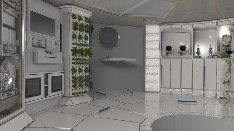A deep space habitat with what looks like a TV as well as a plant wall