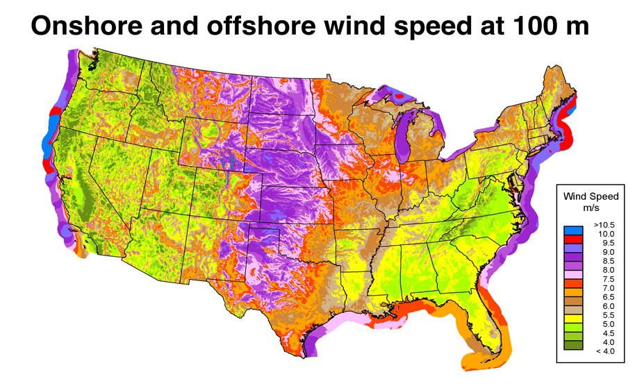 Map showing onshore and offshore windspeed across the U.S.