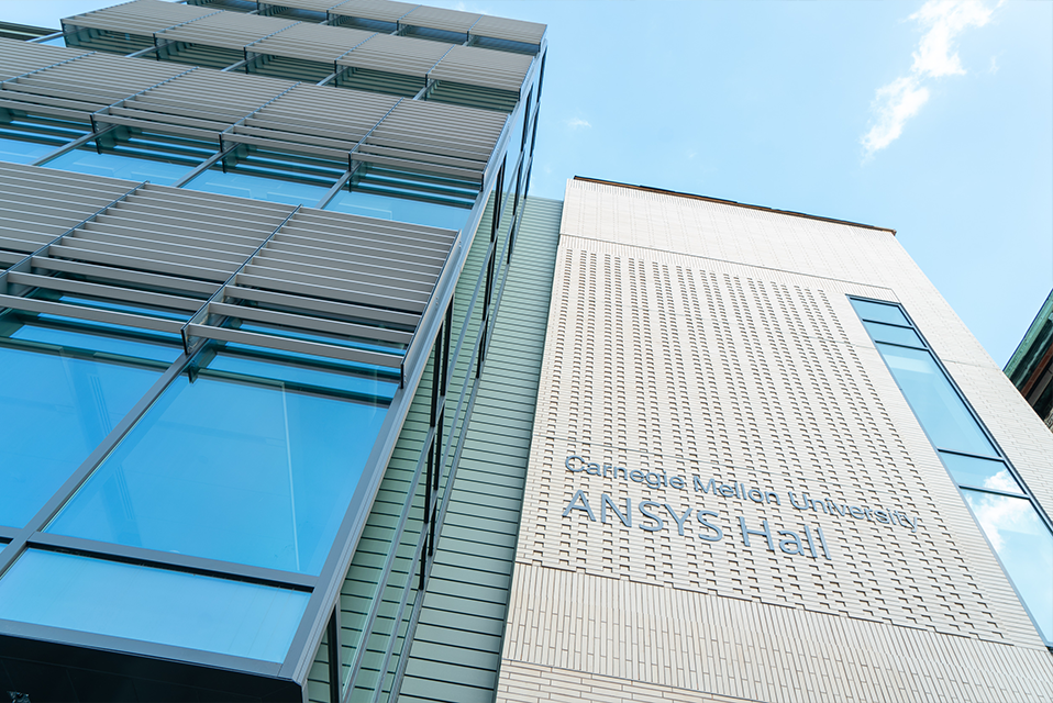 Photo of the side of ANSYS Hall with the sign of the name of the building