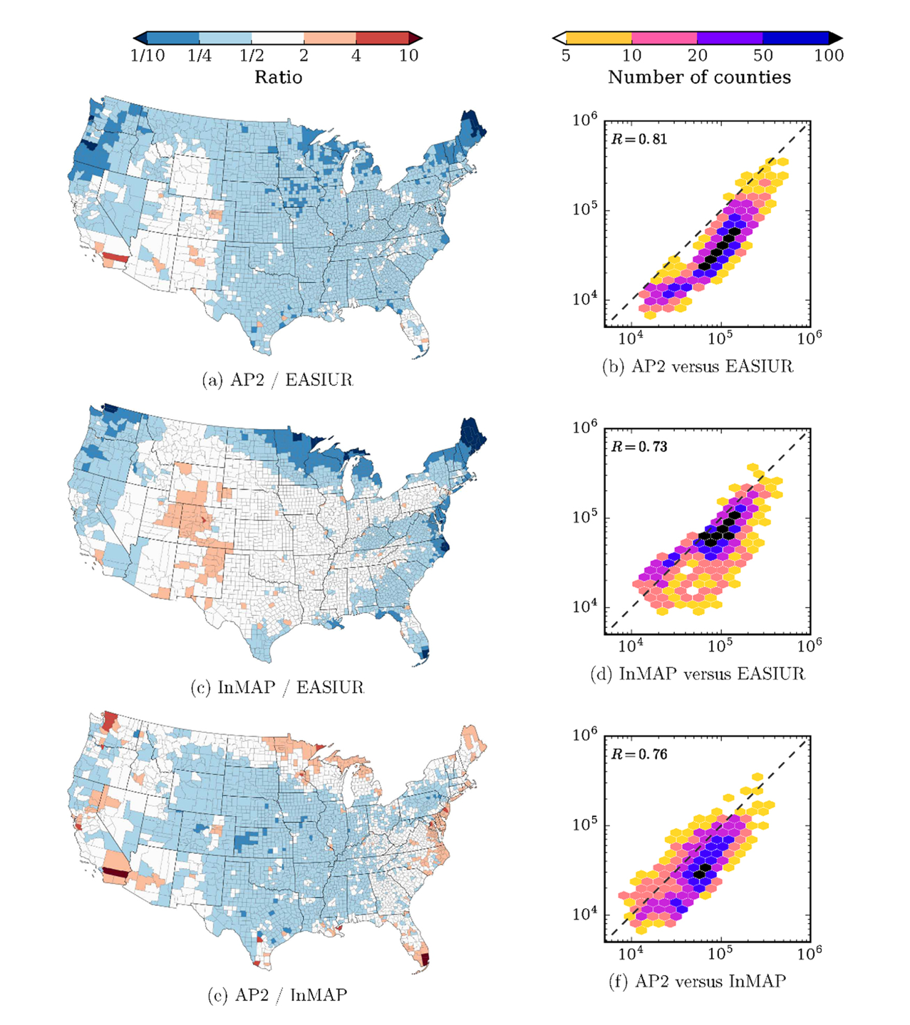 Maps showing air pollution in the United States and also counties