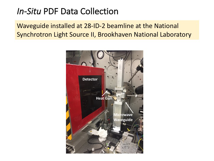 In-situ PDF collection data: Waveguide install at 28-ID-2 beamlime at the National Synchrotron Light Source II, Brookhaven National Laboratory. Image shows detector,  heat gun, and microwave waveguide in the lab
