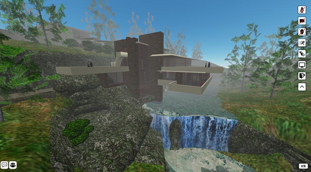 Virtual/augmented reality view of a building overlooking a waterfall
